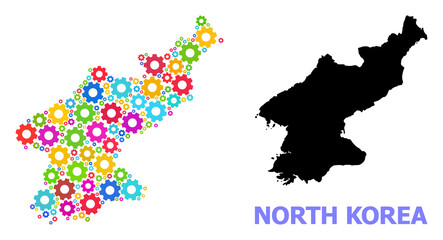 Obraz premium Vector mosaic map of North Korea constructed for engineering. Mosaic map of North Korea is made with random colorful cogs. Engineering items in bright colors.