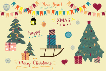 Collection of Christmas decorations, holiday gifts, trees. Colorful vector illustration in flat cartoon style.