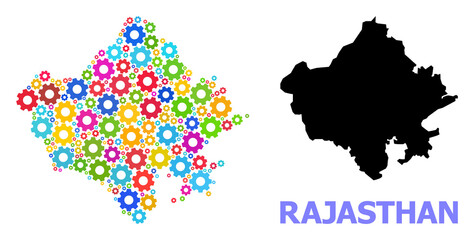 Vector mosaic map of Rajasthan State designed for engineering. Mosaic map of Rajasthan State is formed from randomized bright gears. Engineering components in bright colors.