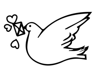 Flying dove with an envelope and hearts. Illustration for a greeting card for Valentine's Day. Vector illustration drawn by contour in doodle style.