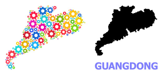 Obraz premium Vector mosaic map of Guangdong Province designed for industrial apps. Mosaic map of Guangdong Province is composed of random bright wheels. Engineering components in bright colors.