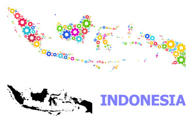 Obraz premium Vector mosaic map of Indonesia organized for workshops. Mosaic map of Indonesia is done with scattered bright wheels. Engineering components in bright colors.