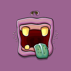 Vector cartoon funny silly zombie monster mouth with rotten teeth isolated on a violet background. Vector happy Halloween kids t-shirt design template with funky monster mouth