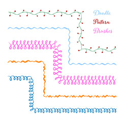 Vector set of five hand drawn brushes with corner tiles. Seamless pattern of different colors for frames, borders and design elements. Vector isolated illustration. Brushes are included in eps.