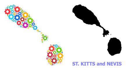Vector mosaic map of Saint Kitts and Nevis done for engineering. Mosaic map of Saint Kitts and Nevis is made from random bright wheels. Engineering components in bright colors.