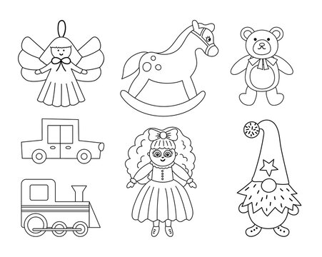 Cute Christmas black and white toys collection. Vector New Year line gifts for kids. Santa Claus presents for children. Rocking horse, Teddy bear, doll, gnome icons isolated on white background..