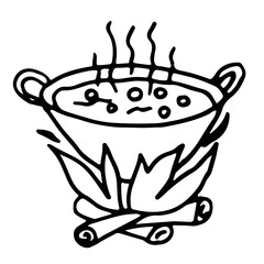 Above the fire is a cauldron with two handles, in which the potion is brewed. Vector illustration for Halloween.