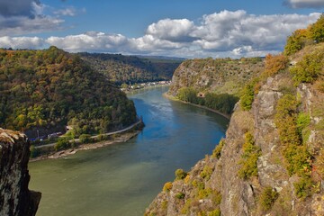 the river rhine with view to the rocks of lorelei at autumn