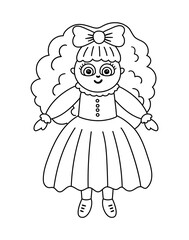 Vector black and white doll isolated on white background. Cute toy girl illustration for kids. Funny line icon of smiling character for children.
