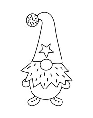 Cute black and white Scandinavian Christmas gnome isolated on white background. Vector New Year character in red cap with long beard. Funny dwarf line icon for kids.