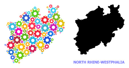 Vector collage map of North Rhine-Westphalia State created for engineering. Mosaic map of North Rhine-Westphalia State is designed from random bright wheels. Engineering components in bright colors.