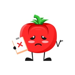 vector illustration of cute tomato mascot or character holding sign incorrect. cute tomato Concept White Isolated. Flat Cartoon Style Suitable for Landing Page, Banner, Flyer, Sticker.
