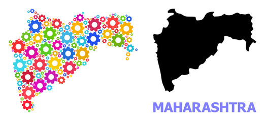 Vector mosaic map of Maharashtra State created for workshops. Mosaic map of Maharashtra State is constructed with random bright wheels. Engineering items in bright colors.