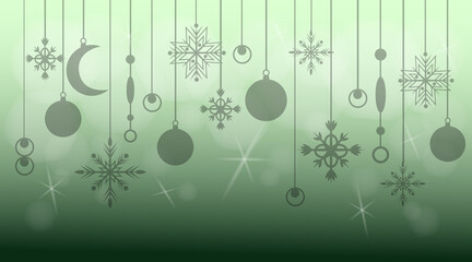 Merry Christmas and Happy New Year background with shiny bauble and bright snowflake, hanging on the ribbon. Suitable for banner, greeting card and advertising.