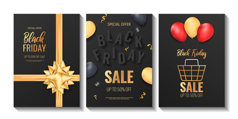 Set of promo sale flyers for Black friday. Shopping, Store, Gifts, Supermarket, Order online, Sale concept. A4 vector illustration for poster, banner, flyer, advertising, promo, commercial.