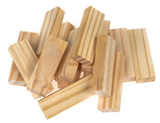Stack wooden blocks  isolated on a white background. Wooden Blocks disrupted and building on white background