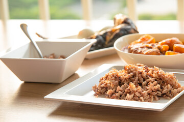steamed brown rice with several side dish