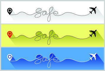 Safe airplane flight. Safety travel,  safety flight. "Safe" text dashed line trace and plane routes. safety airplane path, flight air dotted safe flight drawing best vector illustration