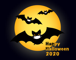 Vector illustration for Halloween 2020 with bats in medical masks in the night sky