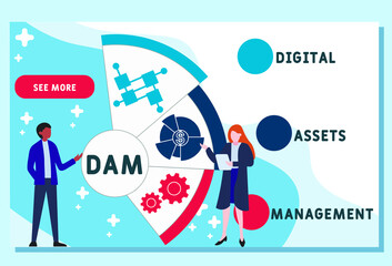 Vector website design template . DAM - Digital Assets Management acronym, business concept. illustration for website banner, marketing materials, business presentation, online advertising.