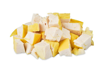 chopped yellow soft tofu isolated on white background with clipping path