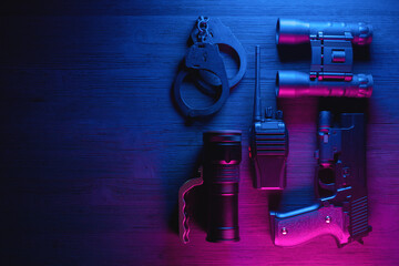 Spy secret service agent desk table abstract background.