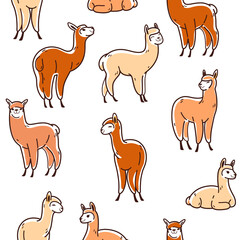 Simple seamless trendy pattern with alpaca. Contour design vector print.