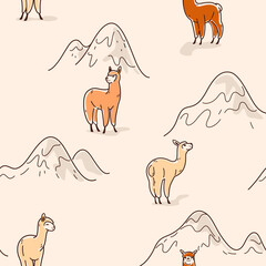 Simple seamless trendy pattern with alpaca and mountain. Contour design vector print.
