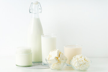 Different milk products: milk, cheese and yoghurt
