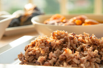 steamed brown rice with several side dish