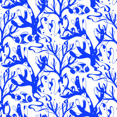 Simple trendy seamless blue contour pattern with clown fish and coral. Flat vector illustration.