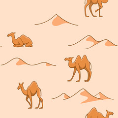 Simple seamless trendy pattern with camel in the desert. Cartoon vector illustration.