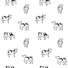 Seamless trendy animal pattern with cow. Contour vector print in cartoon style.