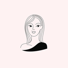 Cartoon simple illustration of woman face. Contour line illustration for  beauty salons, cosmetics. 