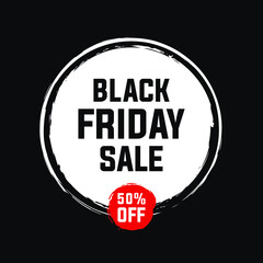 Black Friday sale 50% OFF modern creative banner, sign, design concept, social media ad, with black text on a white circle and a dark background. 