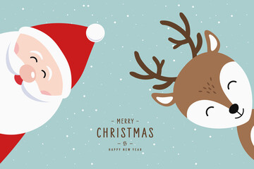 Santa and reindeer cute cartoon merry christmas lettering snowy background
