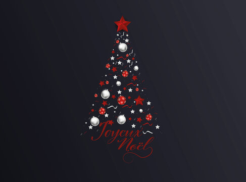 carte ou bandeau sur "joyeux Noël" en rouge représenté par un sapin formé de boule, serpentin étoile paillettes de couleur rouge et blanche sur un fond noir