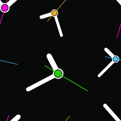 Cute wall clocks on black background with seamless pattern.