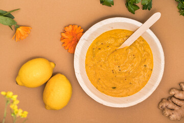 Pumpkin soup bamboo dishes bamboo bowl