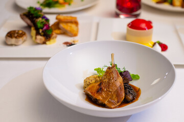 fine roasted duck eat with vegetable and mash potato
