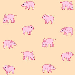 Simple seamless trendy animal pattern with pig. Contour design vector print.