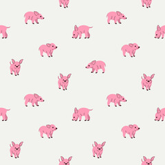 Cartoon happy pig - seamless trendy pattern with animal in various poses. Contour vector illustration for prints, clothing, packaging and postcards.