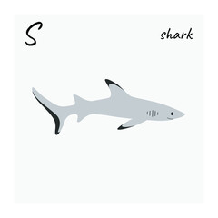 Fototapeta premium Cute reef shark - cartoon animal character. Vector illustration in flat style isolated on gray background.