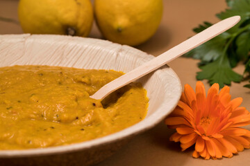 Pumpkin soup bamboo dishes bamboo bowl