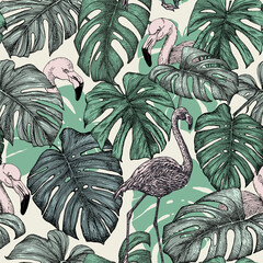  Seamless tropical pattern with pink flamingos and monstera leaves on a light background. Outlines drawn on paper in black ink, converted into a vector image. Realistic summer texture.  © Ekonst