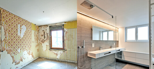 Fototapeta na wymiar Renovation of a bathroom Before and after