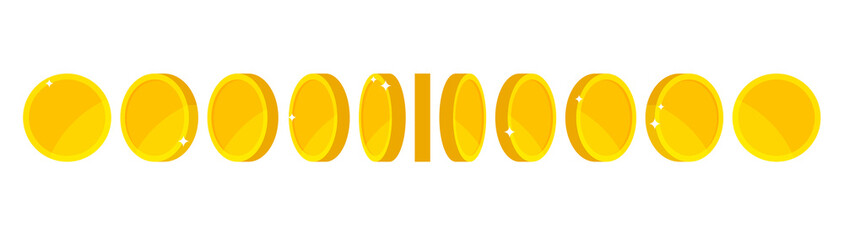Gold coin animation for game and apps. Vector golden coins in different shapes or position. Illustration of money turn around. © Yuliia