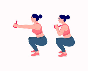 kettlebell workout  Workout. women exercise vector set. Women doing fitness and yoga exercises with kettlebell workout