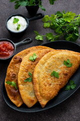 Homemade chebureks with filling and tomato sauce on a dark background