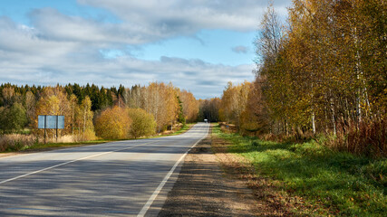 Fototapeta premium Road leading to the autumn forest with bright glowing trees and bright green grass in the foreground against the background of a blue sky with formidable clouds. Russian Landscape.